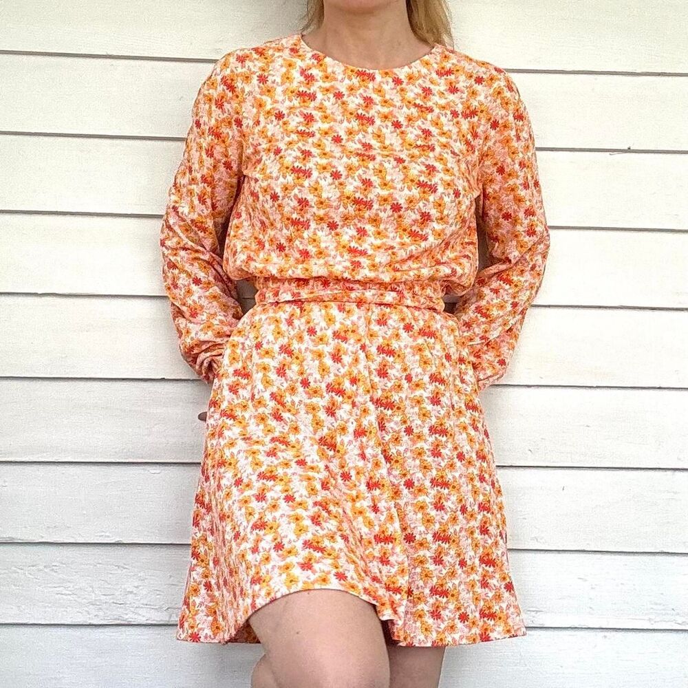 Vintage 70s Mini Skirt Long Sleeve Blouse Orange White Floral Print XS